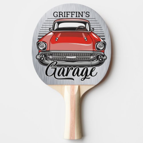 Personalized NAME Retro Red Classic Car Garage Ping Pong Paddle