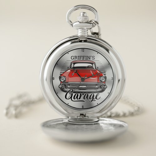 Personalized NAME Retro Red Classic Car Garage Pocket Watch