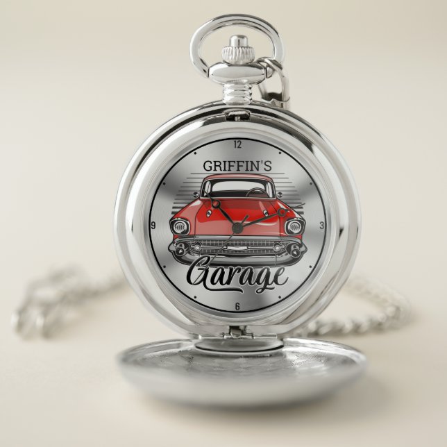 Personalized NAME Retro Red Classic Car Garage Pocket Watch (Inside)