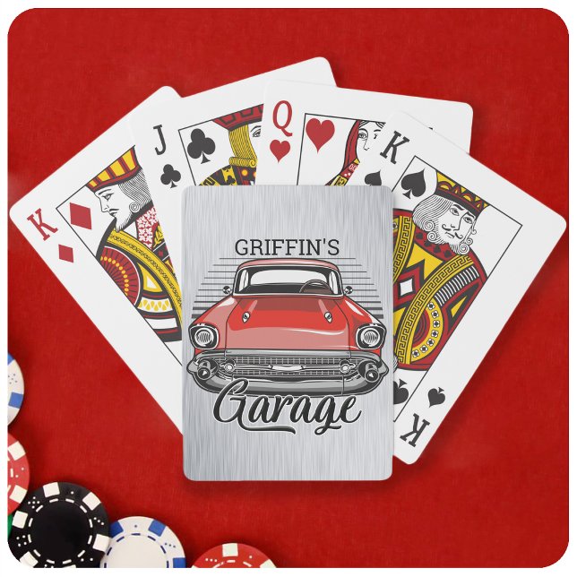 Personalized NAME Retro Red Classic Car Garage Poker Cards (Creator Uploaded)