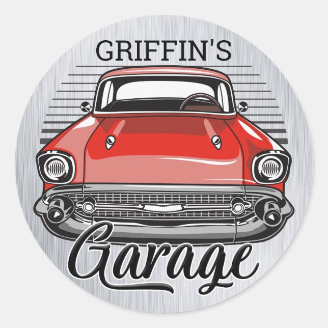 Personalized NAME Retro Red Classic Car Garage Round Sticker (Front)
