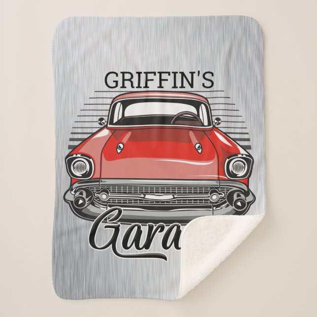 Personalized NAME Retro Red Classic Car Garage Sherpa Blanket (Front)