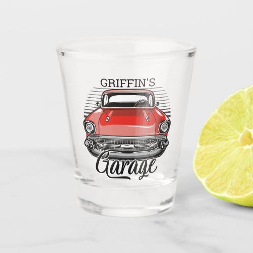 Personalized NAME Retro Red Classic Car Garage Shot Glass