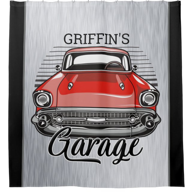 Personalized NAME Retro Red Classic Car Garage Shower Curtain (Front)