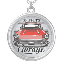 Personalized NAME Retro Red Classic Car Garage Silver Plated Necklace