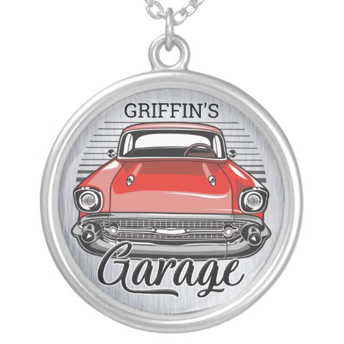 Personalized NAME Retro Red Classic Car Garage Silver Plated Necklace