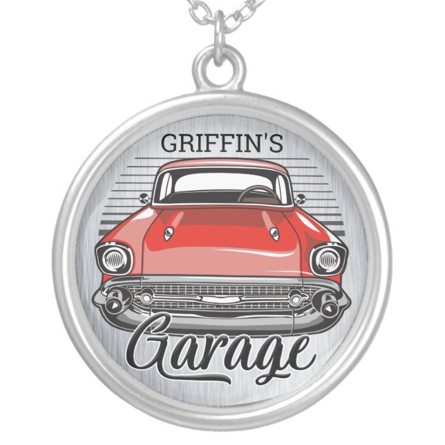 Personalized NAME Retro Red Classic Car Garage Silver Plated Necklace (Front)