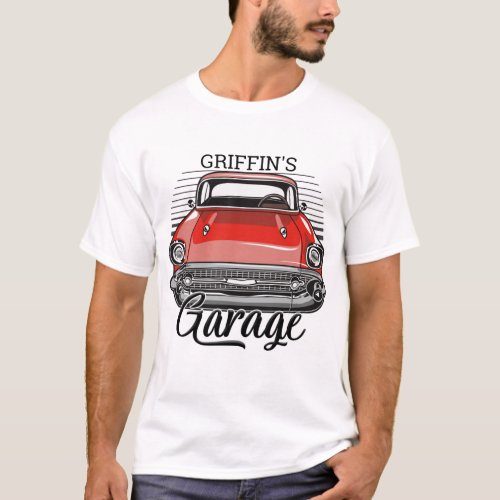 Personalized NAME Retro Red Classic Car Garage T_Shirt