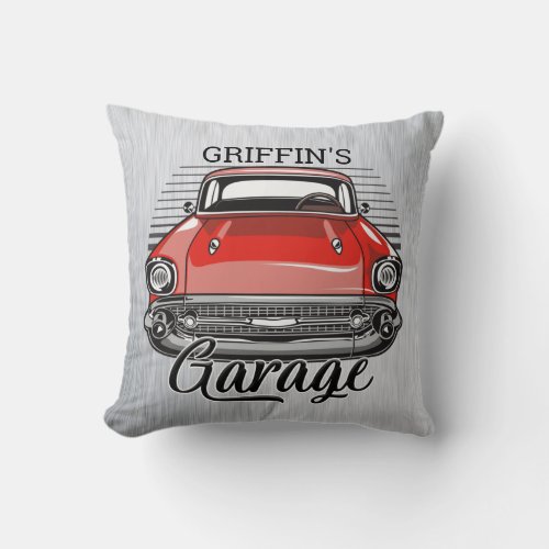 Personalized NAME Retro Red Classic Car Garage Throw Pillow