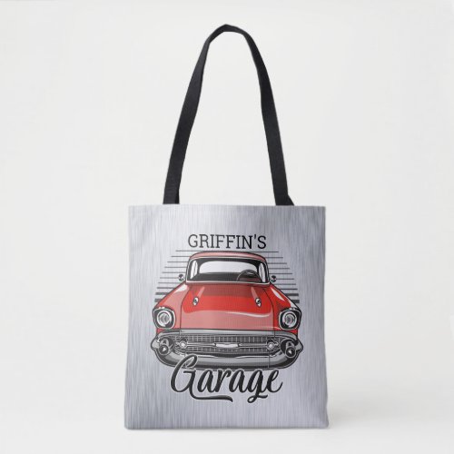 Personalized NAME Retro Red Classic Car Garage Tote Bag