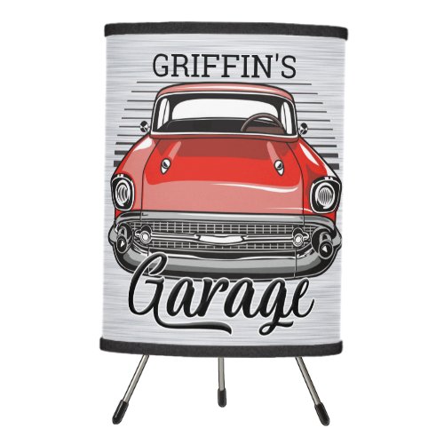 Personalized NAME Retro Red Classic Car Garage Tripod Lamp