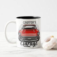 Personalized NAME Retro Red Classic Car Garage Two-Tone Coffee Mug