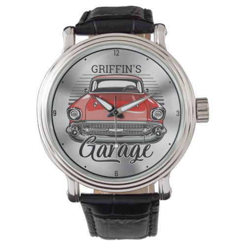 Personalized NAME Retro Red Classic Car Garage Watch