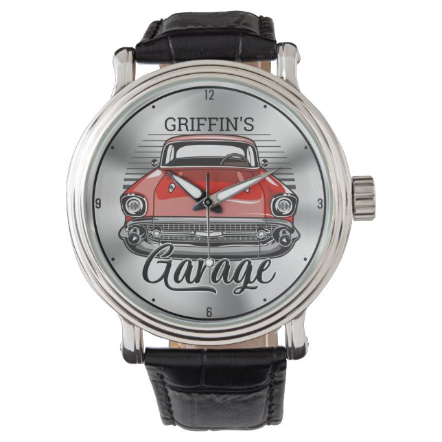 Personalized NAME Retro Red Classic Car Garage Watch (Front)