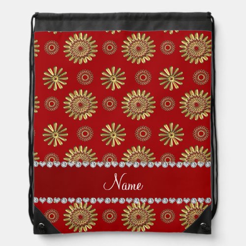 Personalized name retro red gold flowers drawstring bag