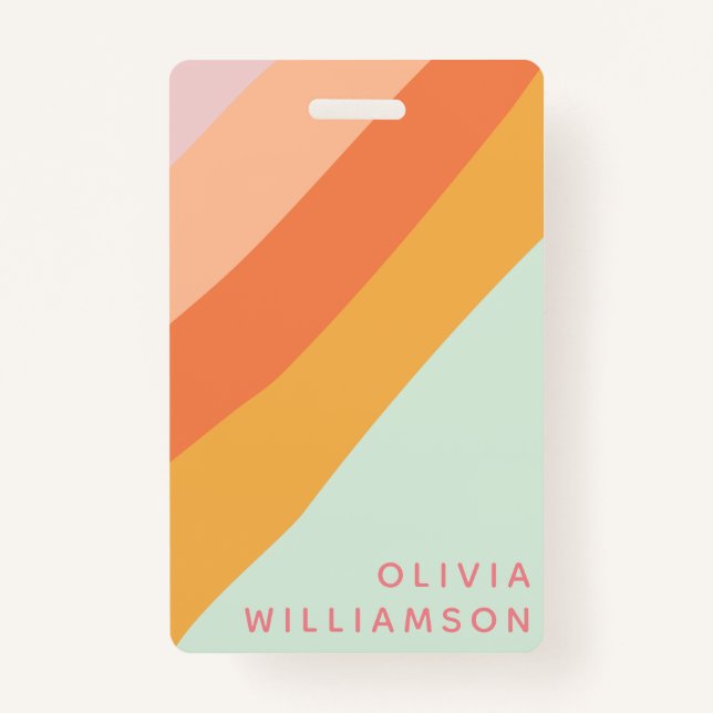 Personalized Name Retro Stripes Pastel Mint Peach Badge (Front)