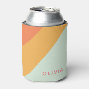 Personalized Name Retro Stripes Pastel Mint Peach Can Cooler