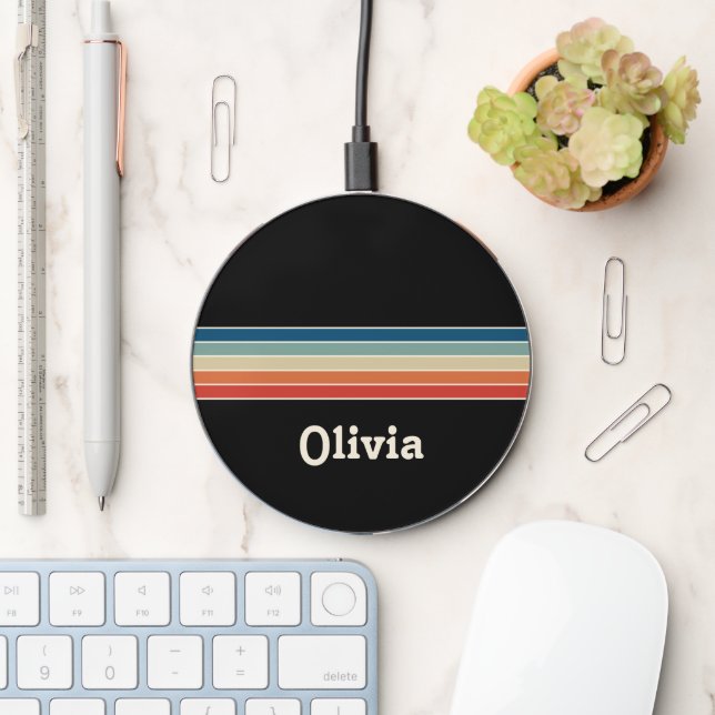Personalized Name Retro Stripes  Wireless Charger (Desk)
