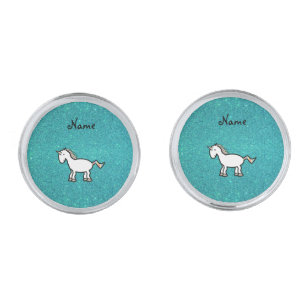 Personalized name retro unicorn turquoise glitter cufflinks