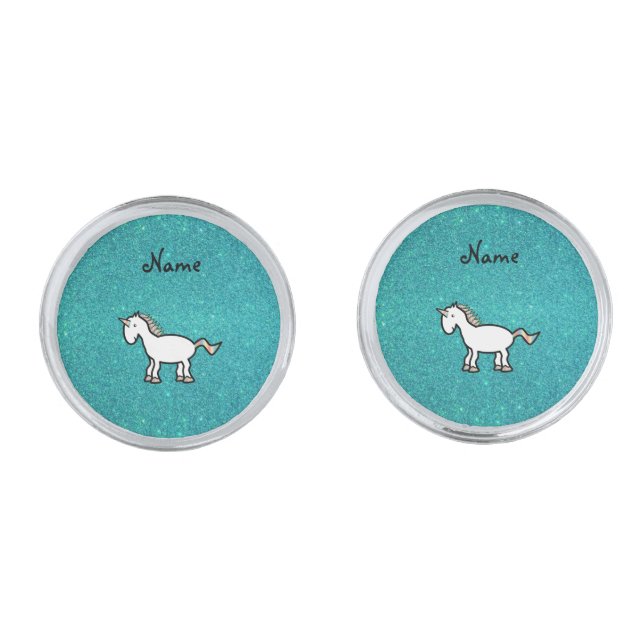 Personalized name retro unicorn turquoise glitter cufflinks (Front)