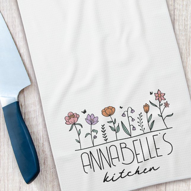 Personalized Name Retro Wildflowers Kitchen Towel (Creator Uploaded)