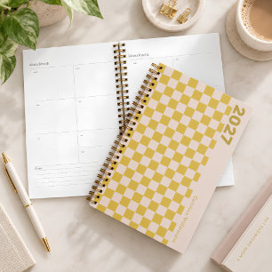 Personalized Name Retro Yellow Preppy Checkerboard Planner