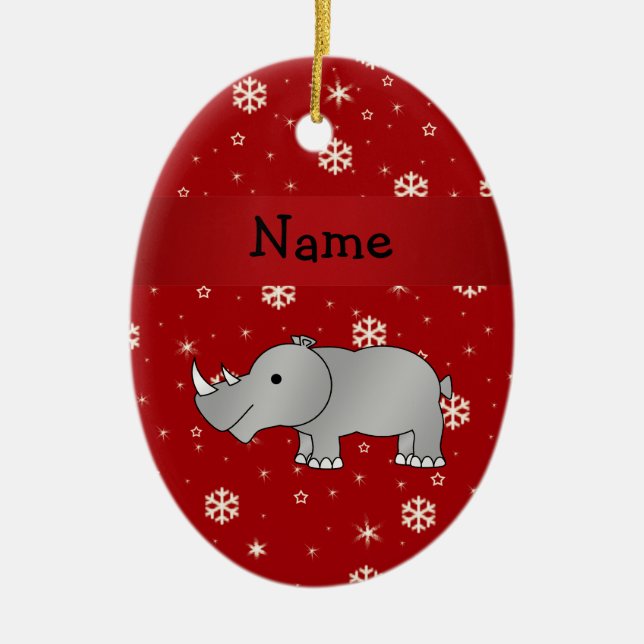 Personalized name rhino red snowflakes ceramic ornament (Front)