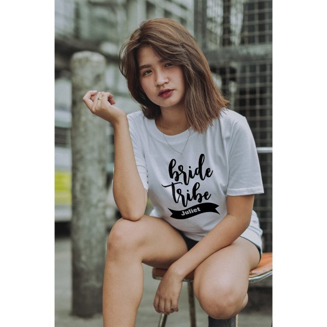 Personalized Name Ribbon Modern Script Bride Tribe T-Shirt (Creator Uploaded)