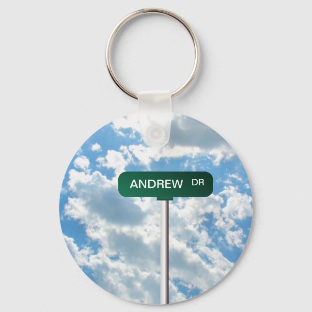 Personalized Name Road Street Sign on Blue Sky Keychain (Front)