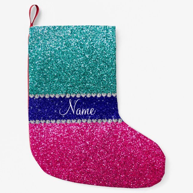 Personalized name robin egg blue hot pink glitter small christmas stocking (Front)
