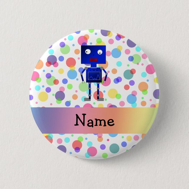 Personalized name robot rainbow polka dots button (Front)