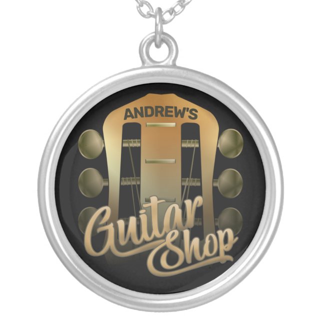 Personalized NAME Rock Music Guitar Shop Musician Silver Plated Necklace (Front)