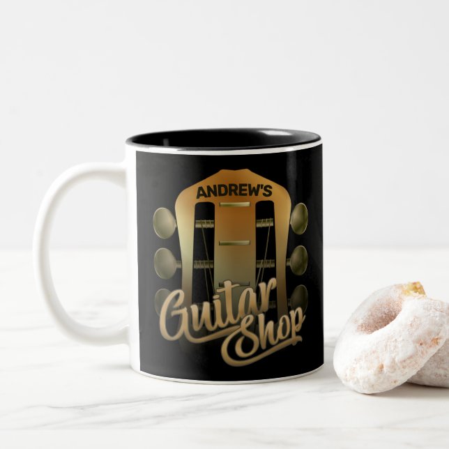 Personalized NAME Rock Music Guitar Shop Musician Two-Tone Coffee Mug (With Donut)