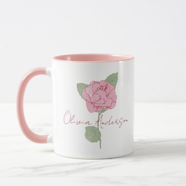 Personalized Name Rose Flower Watercolor Minimal  Mug (Left)