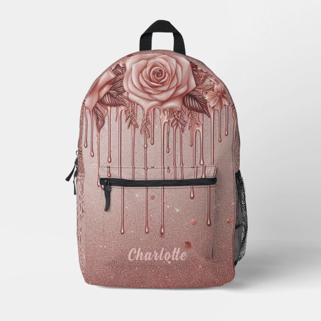 Personalized Name Rose Gold Dripping Glitter Printed Backpack (Front)