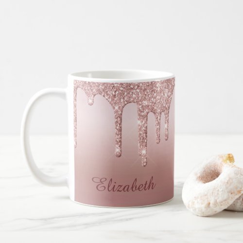 Personalized Name Rose Gold Glitter Drips Coffee Mug