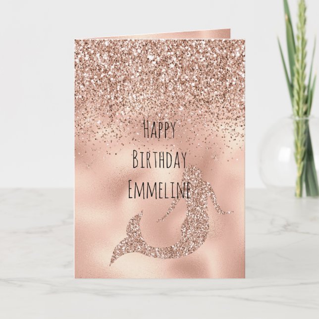 Personalized Name Rose Gold Glitter Mermaid   Card (Front)