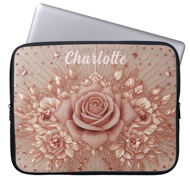 Personalized Name Rose Gold Sparkle Glam Bling Laptop Sleeve (Front)