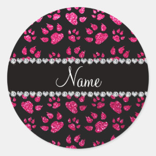 Personalized name rose pink glitter cat paws classic round sticker