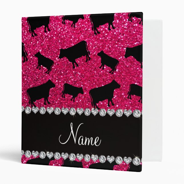 Personalized name rose pink glitter cows 3 ring binder (Front/Inside)