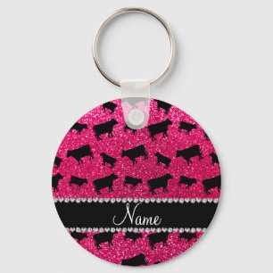 Personalized name rose pink glitter cows keychain
