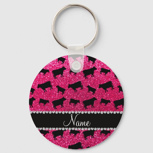 Personalized name rose pink glitter cows keychain (Front)