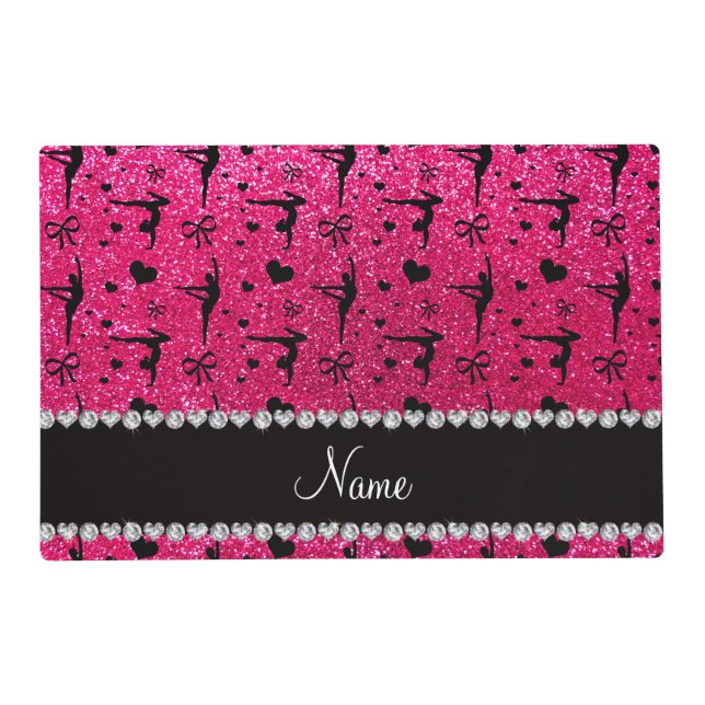 Personalized name rose pink glitter gymnastics placemat (Front)