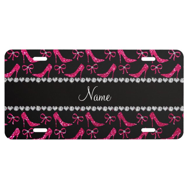 Personalized name rose pink glitter high heels bow license plate (Front)
