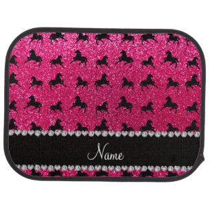Personalized name rose pink glitter horses car floor mat