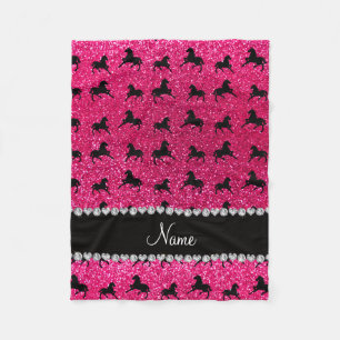 Personalized name rose pink glitter horses fleece blanket