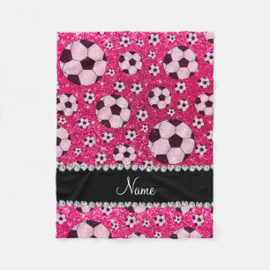 Personalized name rose pink glitter soccer fleece blanket