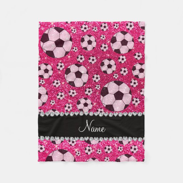 Personalized name rose pink glitter soccer fleece blanket (Front)