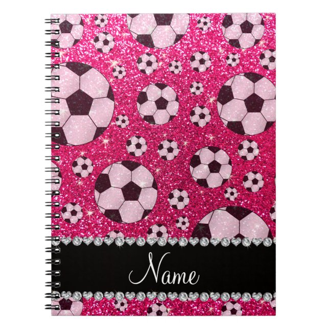 Personalized name rose pink glitter soccer notebook (Front)