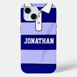 personalized name rugby jersey blue hoops iPhone 15 case